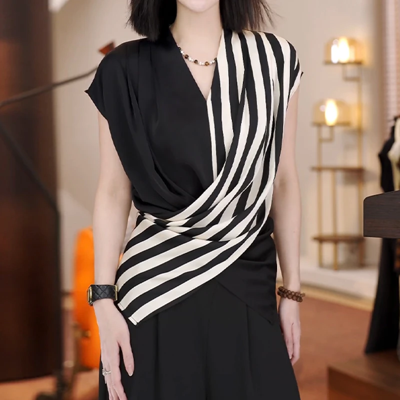 法式优雅拼接撞色条纹V领衬衫女新款轻薄凉感宽松慵懒百搭上衣夏