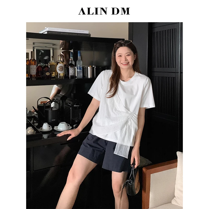 ALINDM【轻氧层叠】大码微胖mm不规则设计感显瘦短袖正肩 AG7487