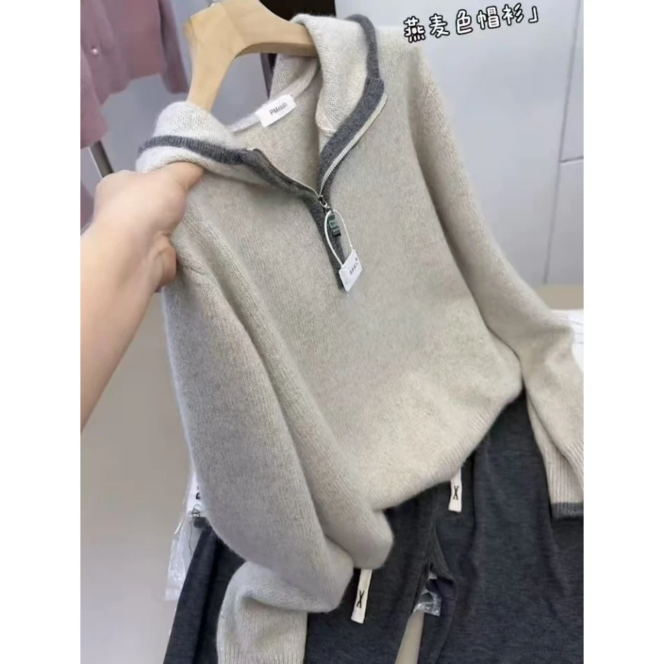 燕麦色拉链帽衫 」加厚防风！高领韩版宽松连帽针织毛衣女秋冬潮