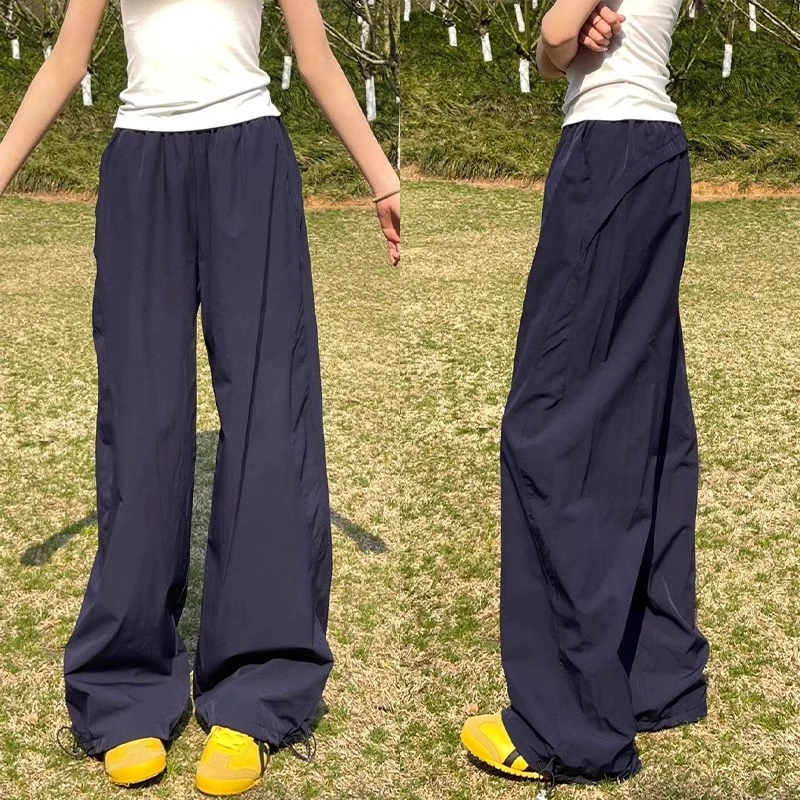 藏青色速干工装裤女2025夏季新款休闲直筒宽松百搭阔腿运动裤