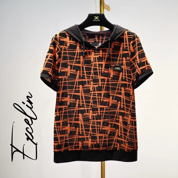 【橙格冰丝时尚连帽短袖】2025新款夏季高档时髦洋气显瘦女T恤上衣