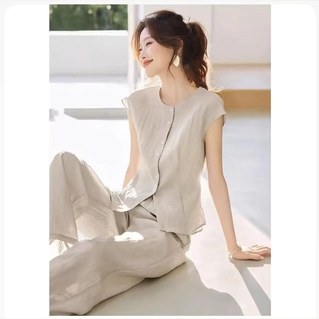韩版通勤圆领松弛感显瘦无袖两件套2025夏季新款洋气显瘦气质套装