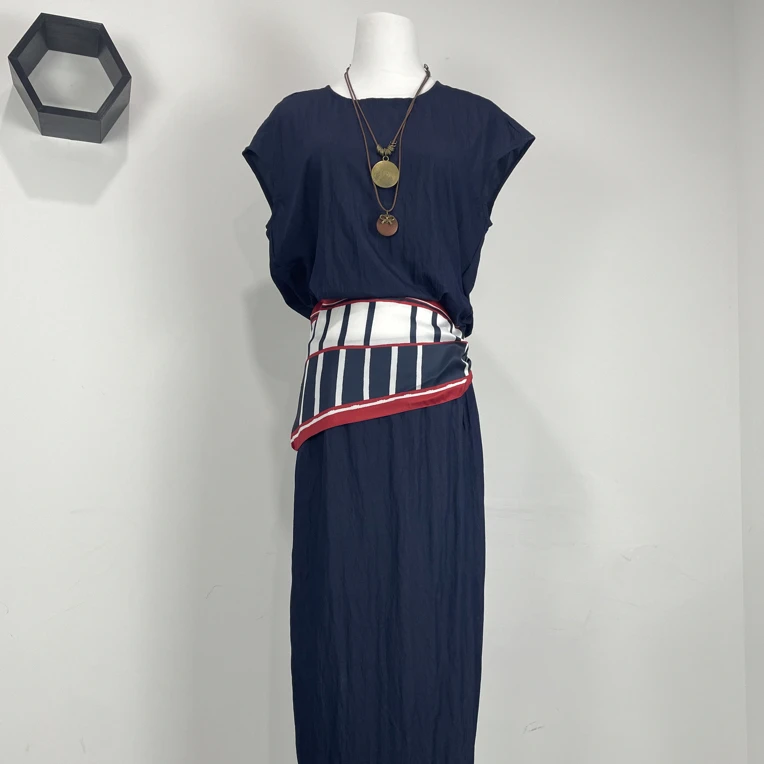 设计感丝巾拼接牛仔上衣与半身裙夏季休闲时尚套装