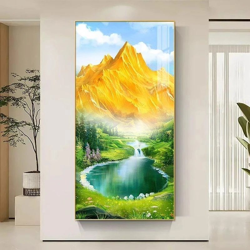 西墙聚财山水玄关装饰挂画背景墙入户正对门青绿聚宝盆走廊尽头画