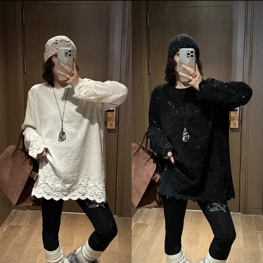 YDFSTUDIO小众【光影琉璃】欧货重工高品蕾丝亮片拼接设计时尚上衣