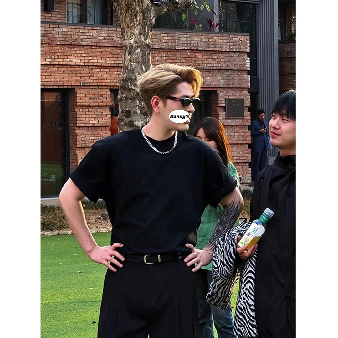 王嘉尔同款纯色t恤男夏季高克重磅黑色内搭短袖正肩纯棉美式半袖