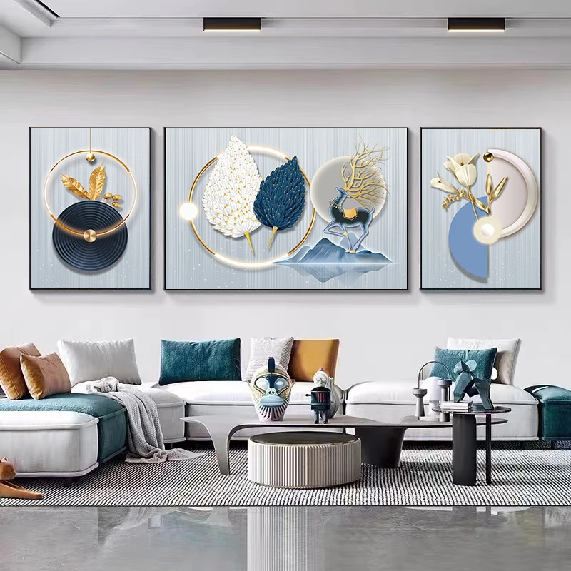 【珠光羽翼】壁画晶瓷镶钻客厅三联装饰画轻奢高级感挂画沙发背景画