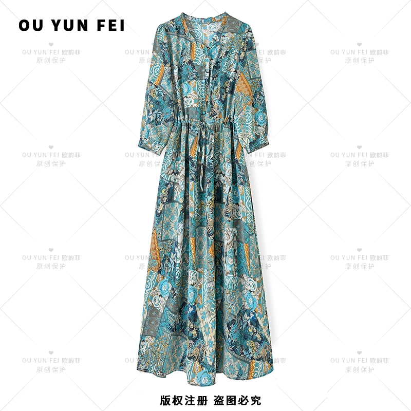 【天青色】高级感连衣裙女新款气质显瘦穿搭时尚洋气印花长裙F2106