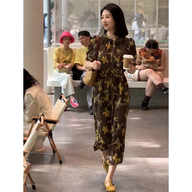 2025夏季中长款女装连衣裙时尚气质优雅修身显瘦复古裙子D2507