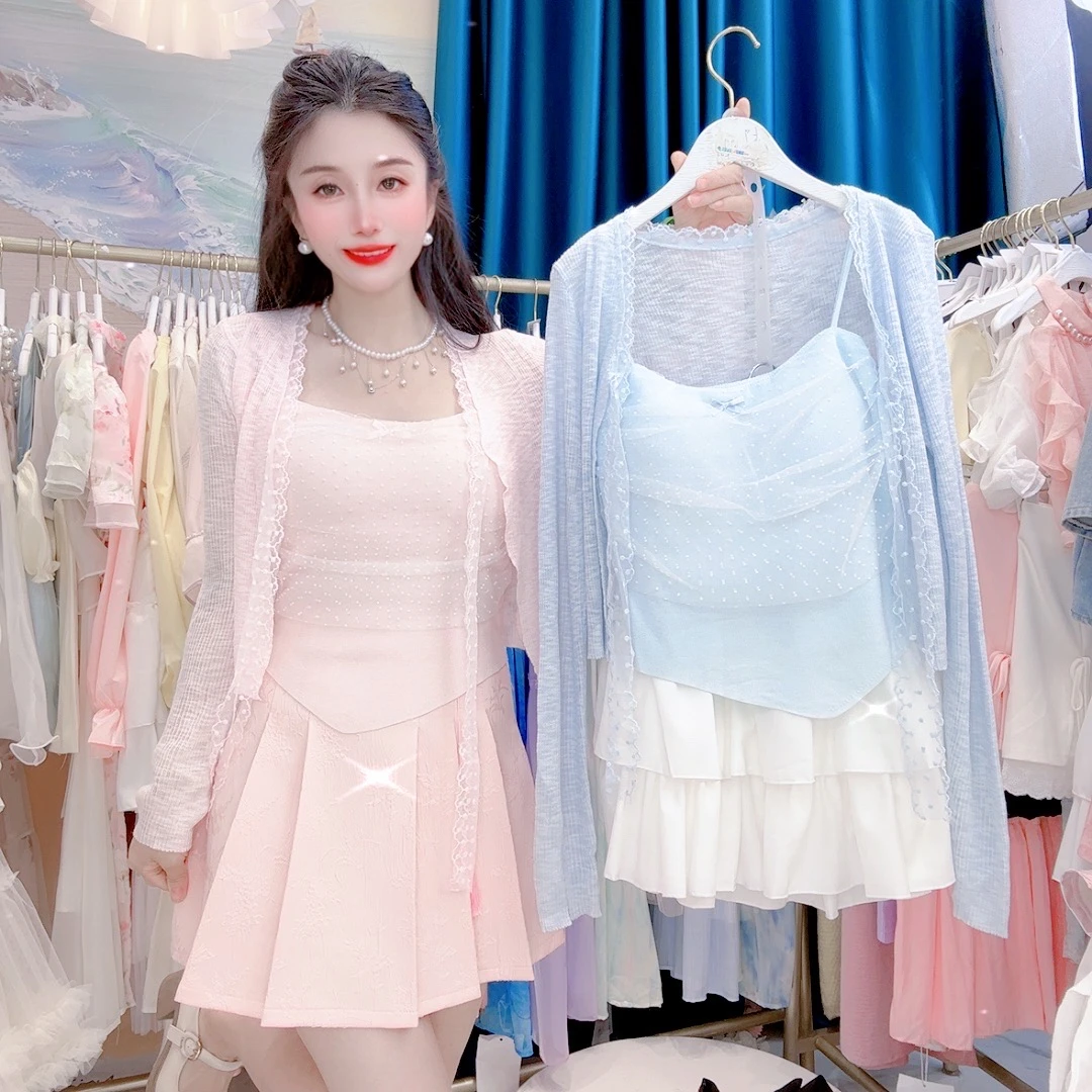 小波点纯欲套装短款防晒开衫吊带背心女春季芭蕾风半身裙三件套