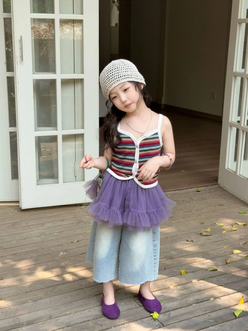 女童条纹彩虹吊带2025夏季新款女宝宝针织打底 蓬蓬裙 牛仔裤洋气