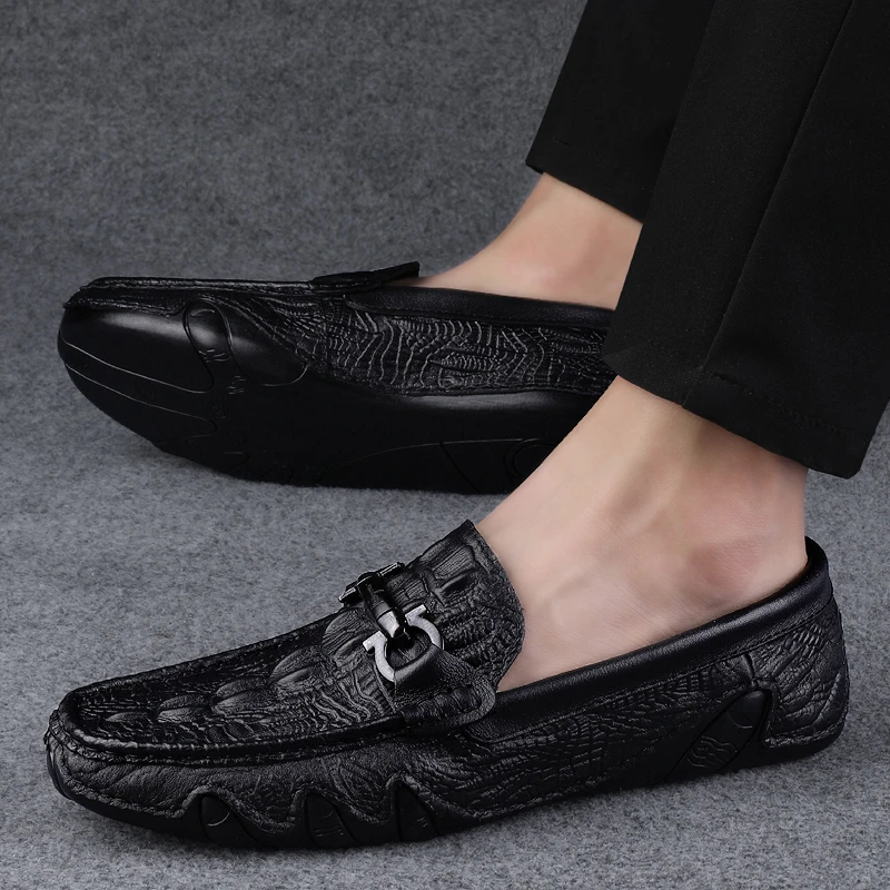 鳄鱼懒人鞋秋季新款英伦风一脚蹬乐福鞋男士头层牛皮软底豆豆鞋男