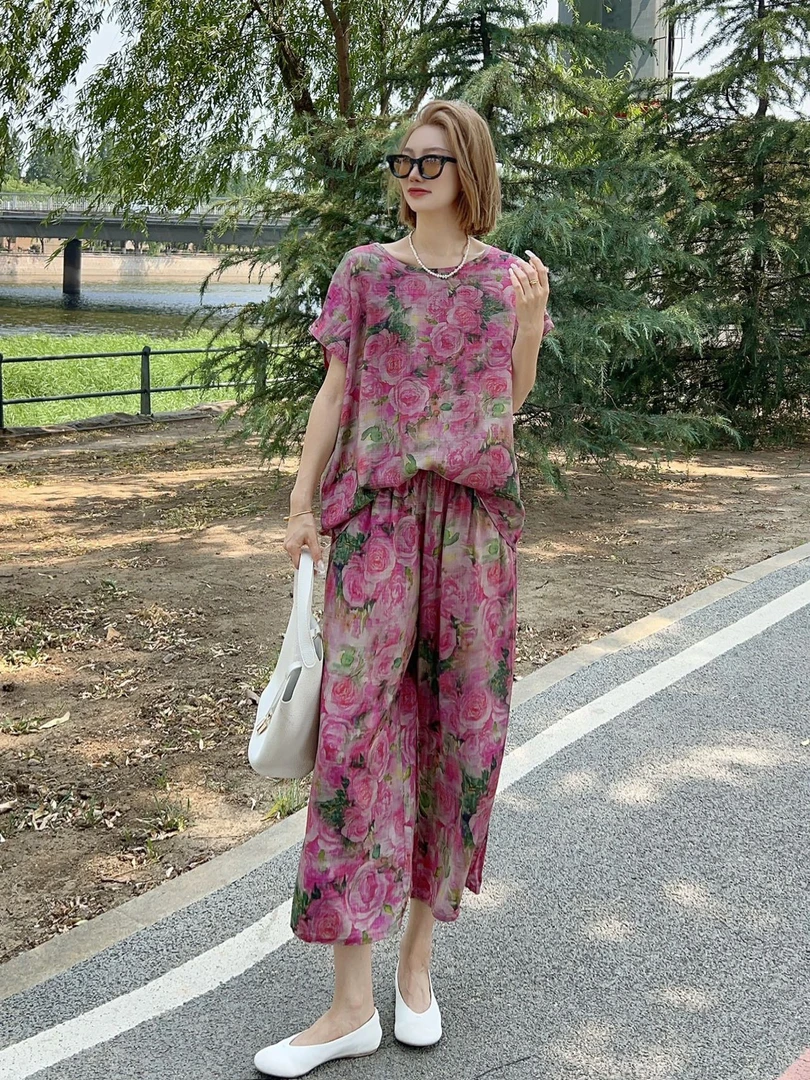 人造棉套装七分裤家居外穿6017
