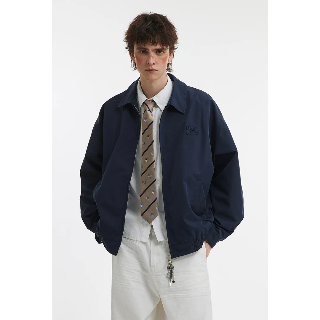 男道简约复古翻领短款夹克男春秋休闲工装外套情侣刺绣宽松上衣