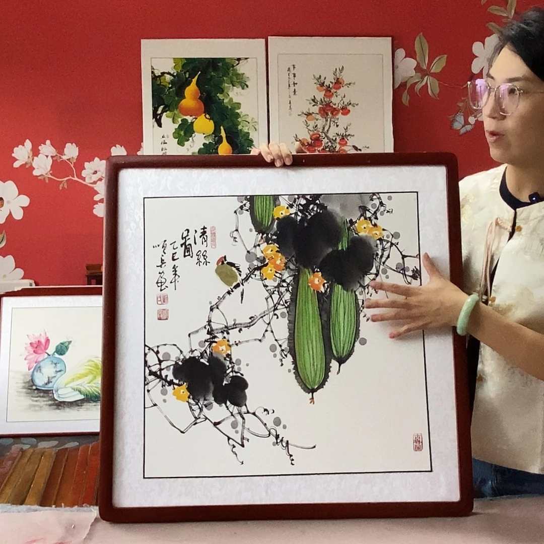国画手写手绘国画作品带框包邮62✖️62