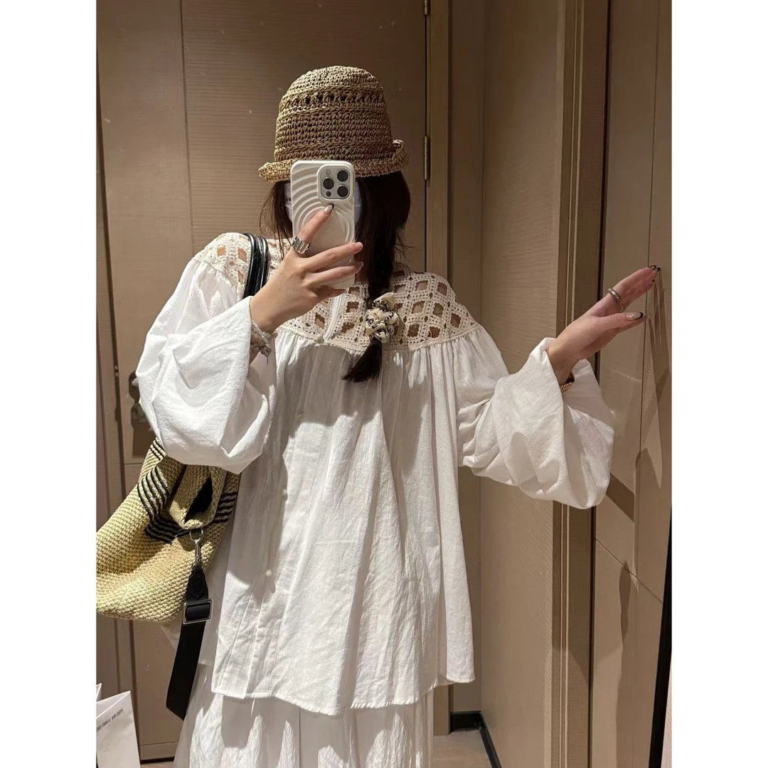 SP 镂空灯笼袖长袖衬衫女宽松慵懒显瘦温柔衬衣上衣