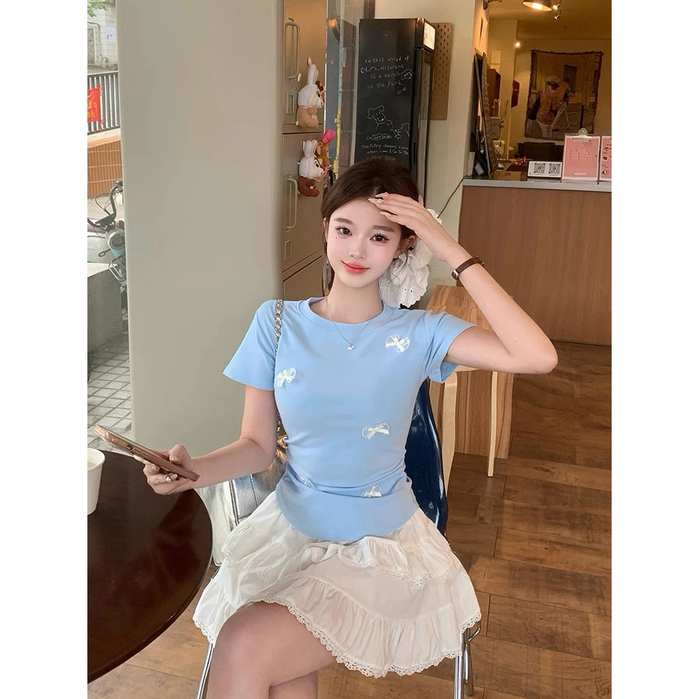 【大码】8252蝴蝶结正肩短袖女t恤夏小个子独特减龄掐腰上衣