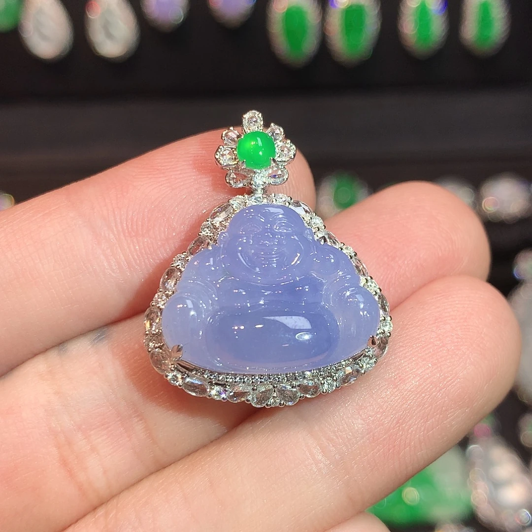 翡翠18K金镶嵌吊坠(赠链)满冰起胶紫罗兰佛公吊坠