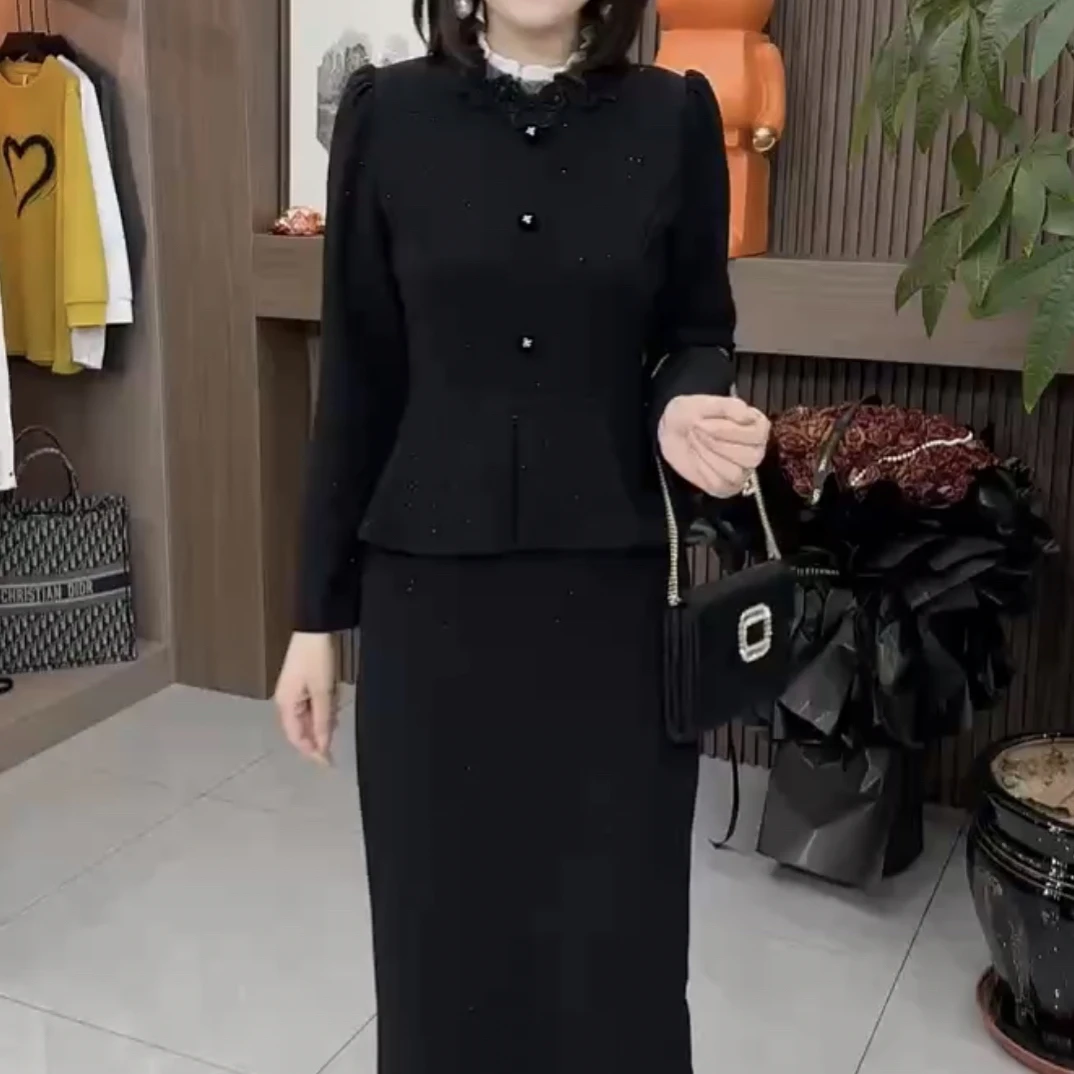 秋冬赫本风木耳边气质假两件后开衩高腰显瘦遮肚长袖连衣裙