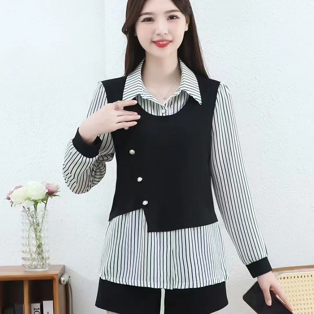 春季爆款新款假两件条纹拼接衬衫2025设计百搭时尚上衣洋气衬衣