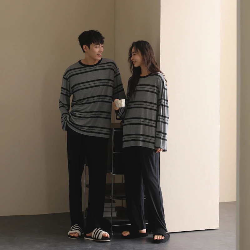 【超柔软】美家臣莫代尔情侣睡衣男女春秋款长袖长裤套装条纹家居