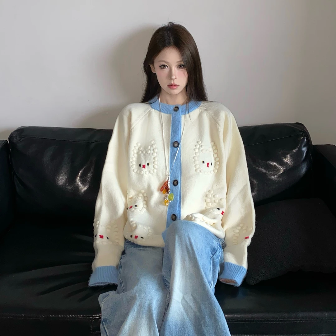 慵懒风宽松甜美针织衫女开衫秋季新款刺绣减龄毛衣秋冬高级感上衣