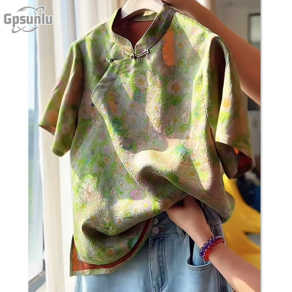 gpsunlu新中式女装国风新款斜襟减龄宽松短袖新中式国风短袖