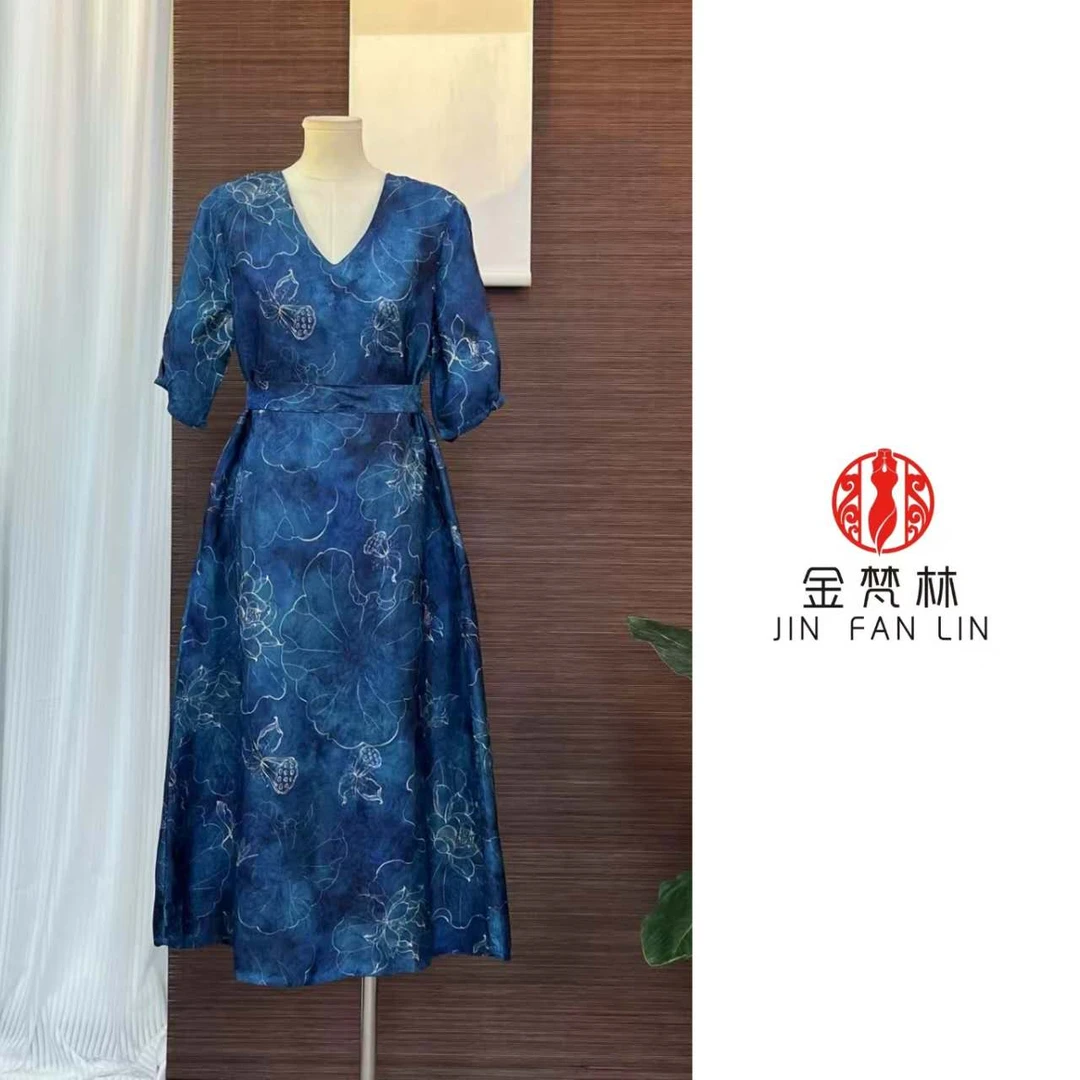 【映日荷花】高端新中式中国风香云纱花萝老料V领短袖连衣裙腰带