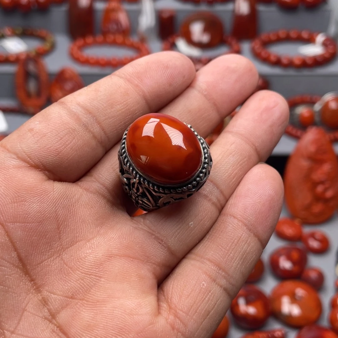 南红玛瑙银S925镶嵌珠宝奇石戒指