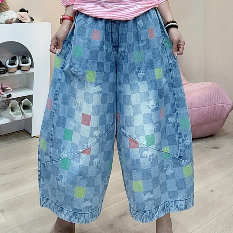 564韩版新款彩格米奇印花宽松大版八分牛仔女裤显瘦百搭