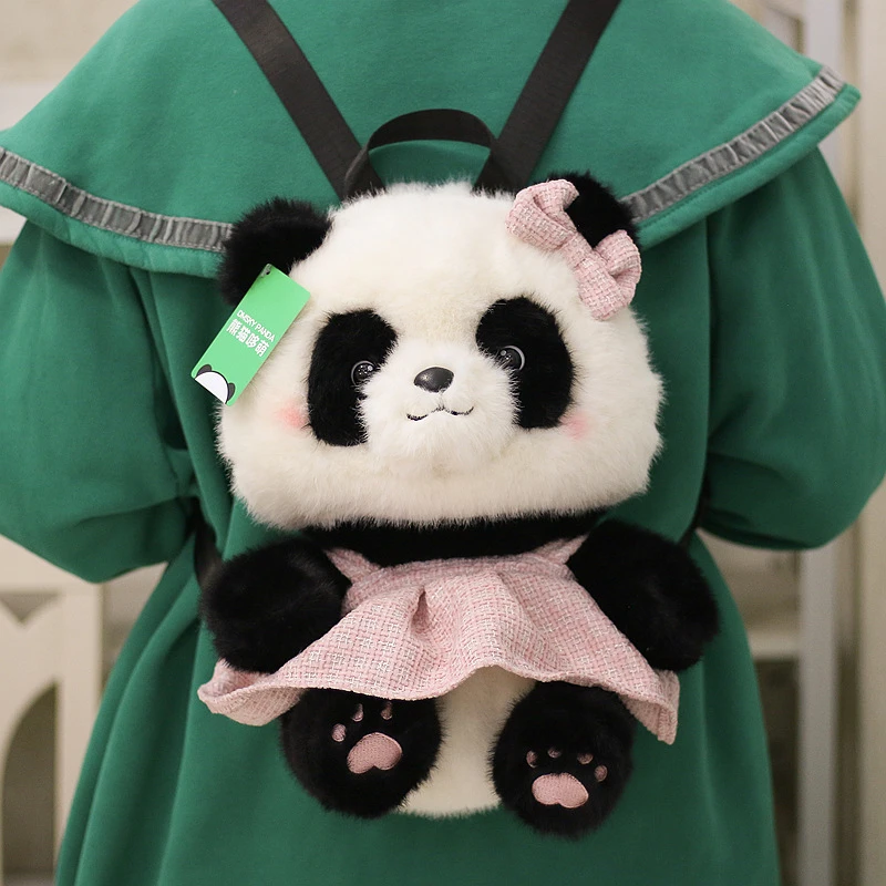 正版仿水貂毛小香风花花熊猫裙子双肩包毛绒玩具背包成都基地同款