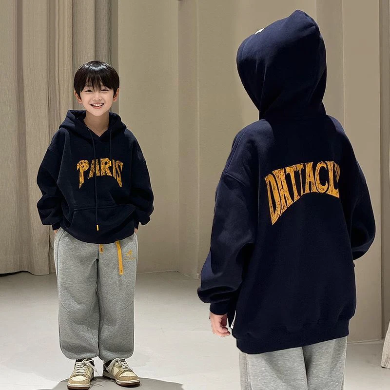 男童加绒卫衣连帽秋冬2025新款儿童一体绒上衣冬季男孩加厚衣服潮