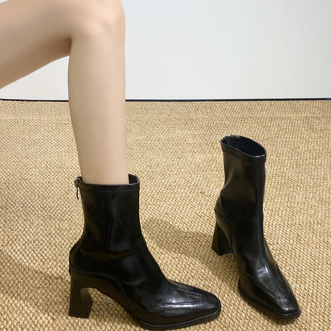 靴子女秋冬新款方头粗跟厚底短靴显瘦气质百搭中筒靴高跟瘦瘦靴女