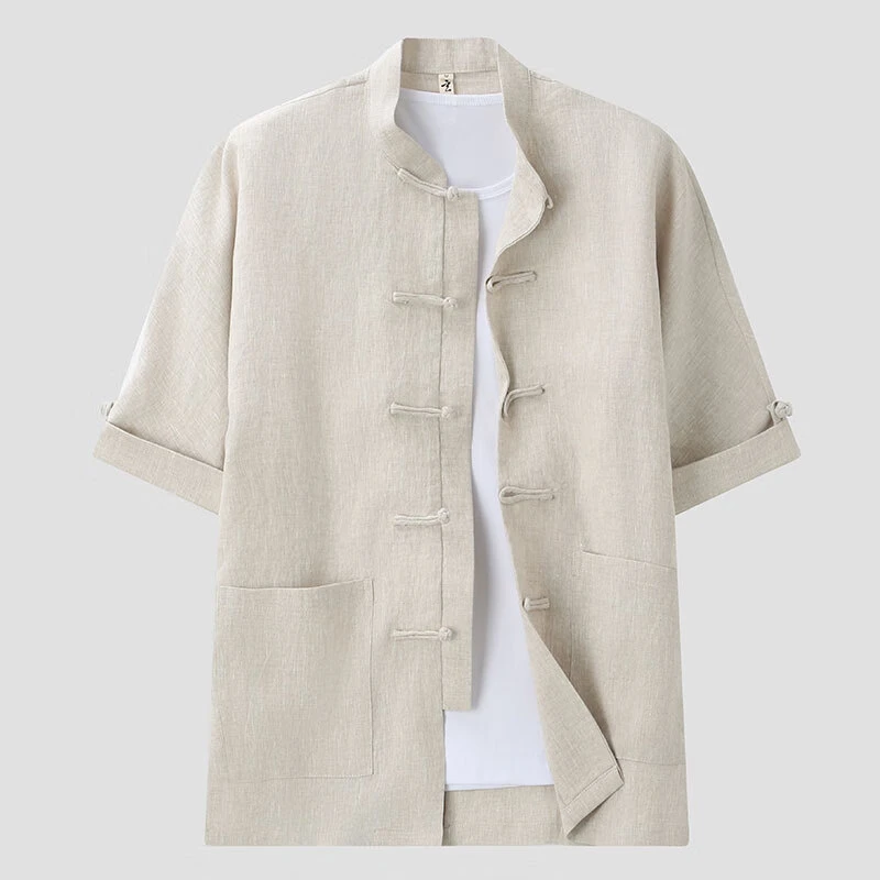 中国风100%亚麻短袖t恤男夏季宽松薄款上衣盘扣复古休闲半袖