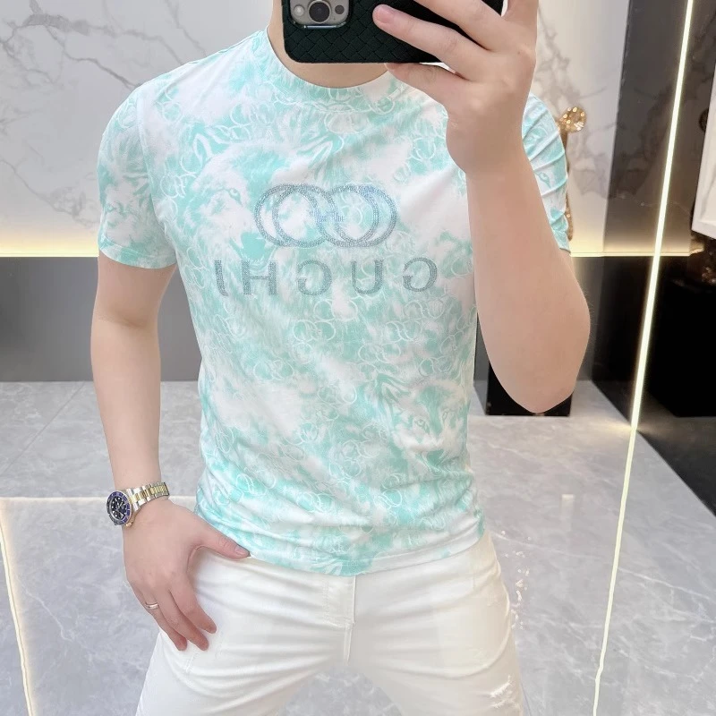 2025夏季新款潮牌高端男士圆领T恤潮流修身帅气花色个性短袖欧货