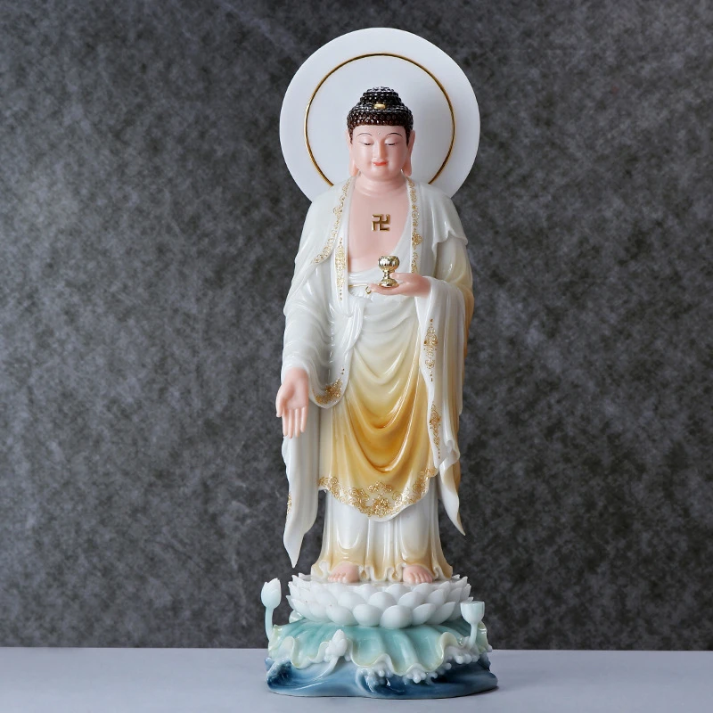 阿弥陀三尊水浪莲花西方三圣汉白玉石粉铸造彩釉镶金西方三圣创意