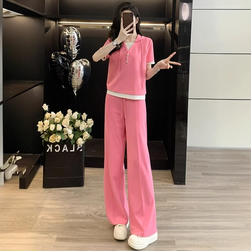 盐系休闲运动套装女夏季洋气减龄粉色假两件短袖上衣阔腿裤两件套