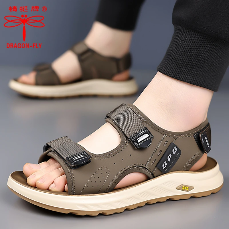 蜻蜓牌2025夏季新款男款真皮高档沙滩鞋魔术贴外出休闲运动凉鞋男