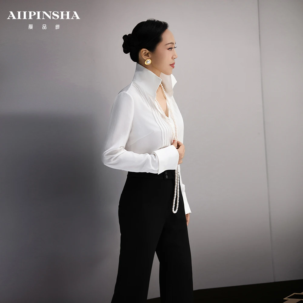 沁婕精选【思弦】轻奢设计师百搭压褶三醋酸衬衣E6SB613EWY