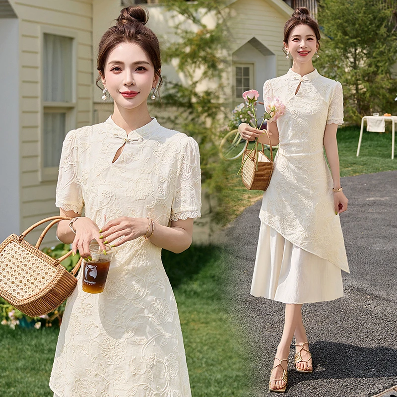 新中式国风蕾丝拼接假两件连衣裙女2024年夏季新款高级感气质名媛