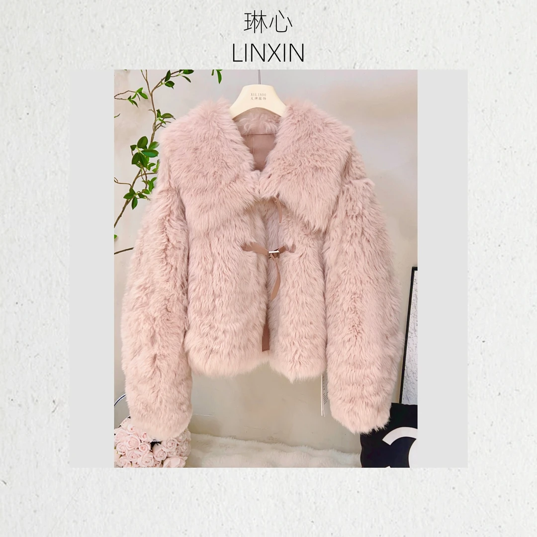丨秋冬时尚休闲百搭松弛感轻奢粉色翻领拉毛毛绒开衫外套0320
