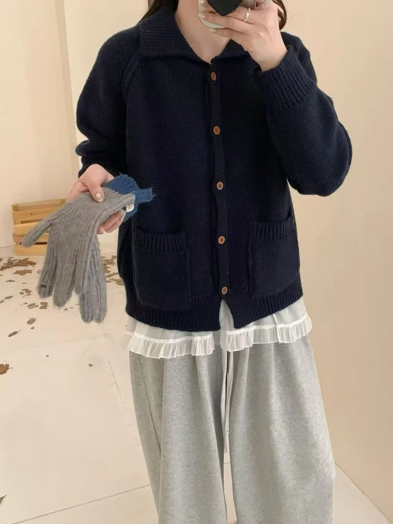 藏青色深灰色奶黄色棉羊绒开衫