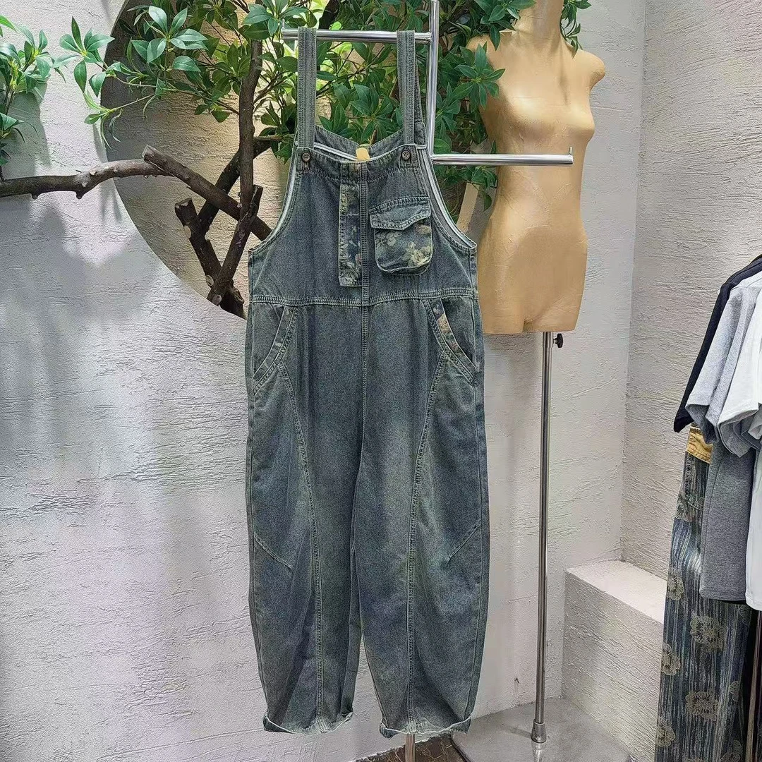 薄款55310韩版背带裤牛仔裤休闲百搭印花