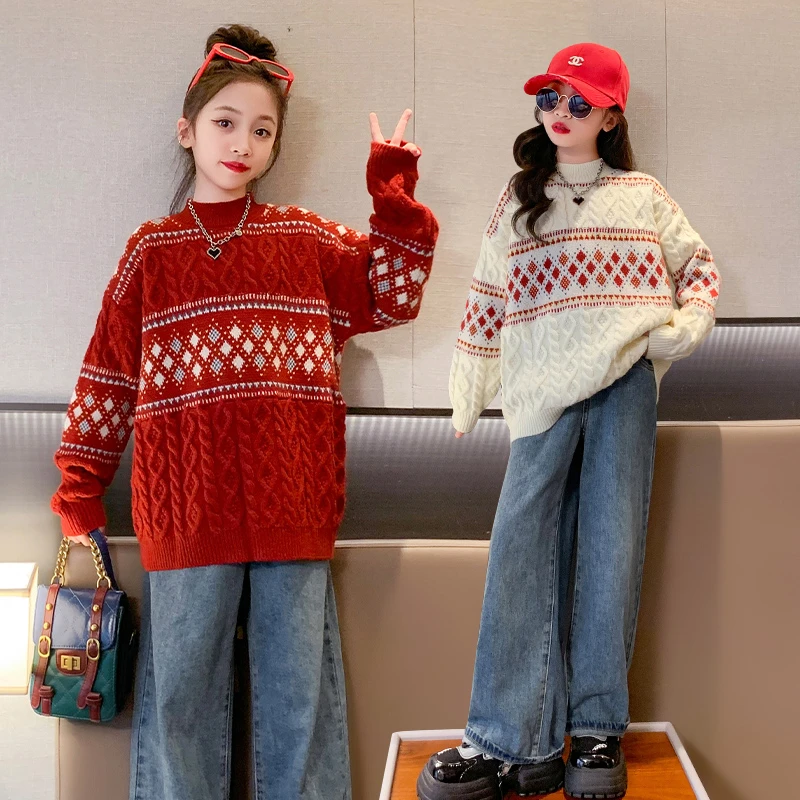 女童秋冬款复古麻花毛衣中大童韩版加厚洋气套头百搭新年款针织衫