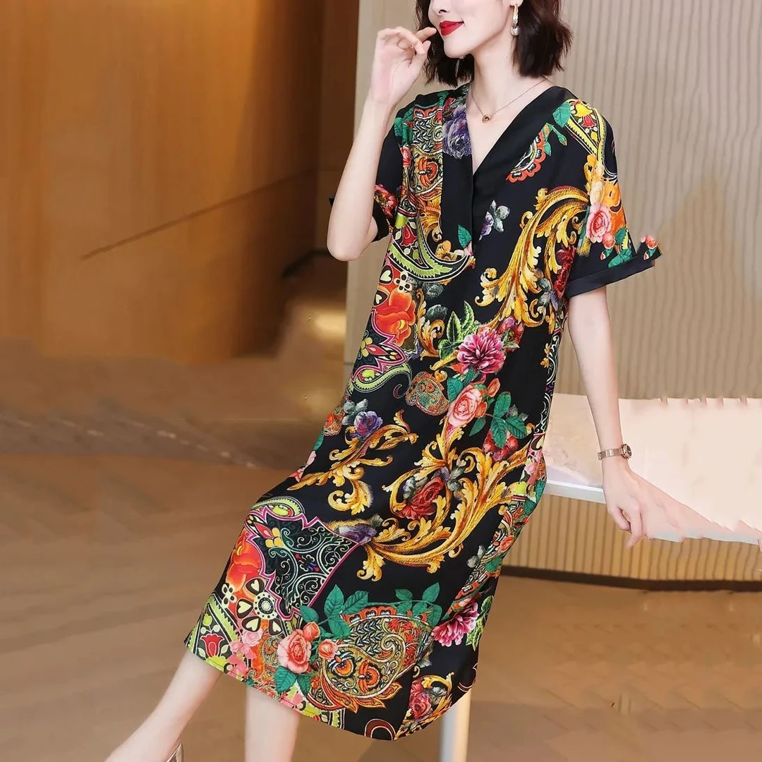 1282杭州大牌V领印花连衣裙新款显瘦气质奢华高贵气质碎花长裙女