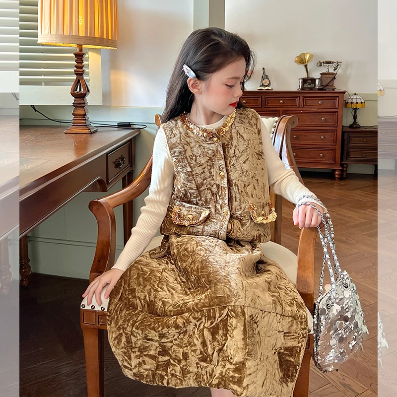 栀了成长记童装女童森系丝绒套装冬装儿童女孩洋气夹棉马甲两件套