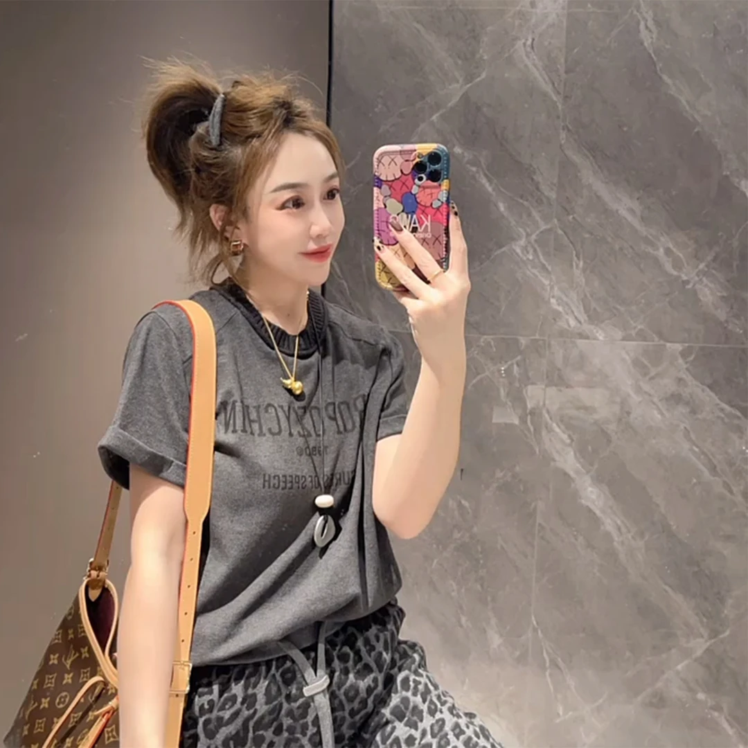 美式时尚字母印花短袖T恤女冬季新款宽松百搭洋气圆领半袖上衣