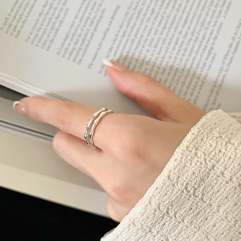 925银戒指 J8037 通体纯银气质小众时尚清新双层竹节开口食指戒指