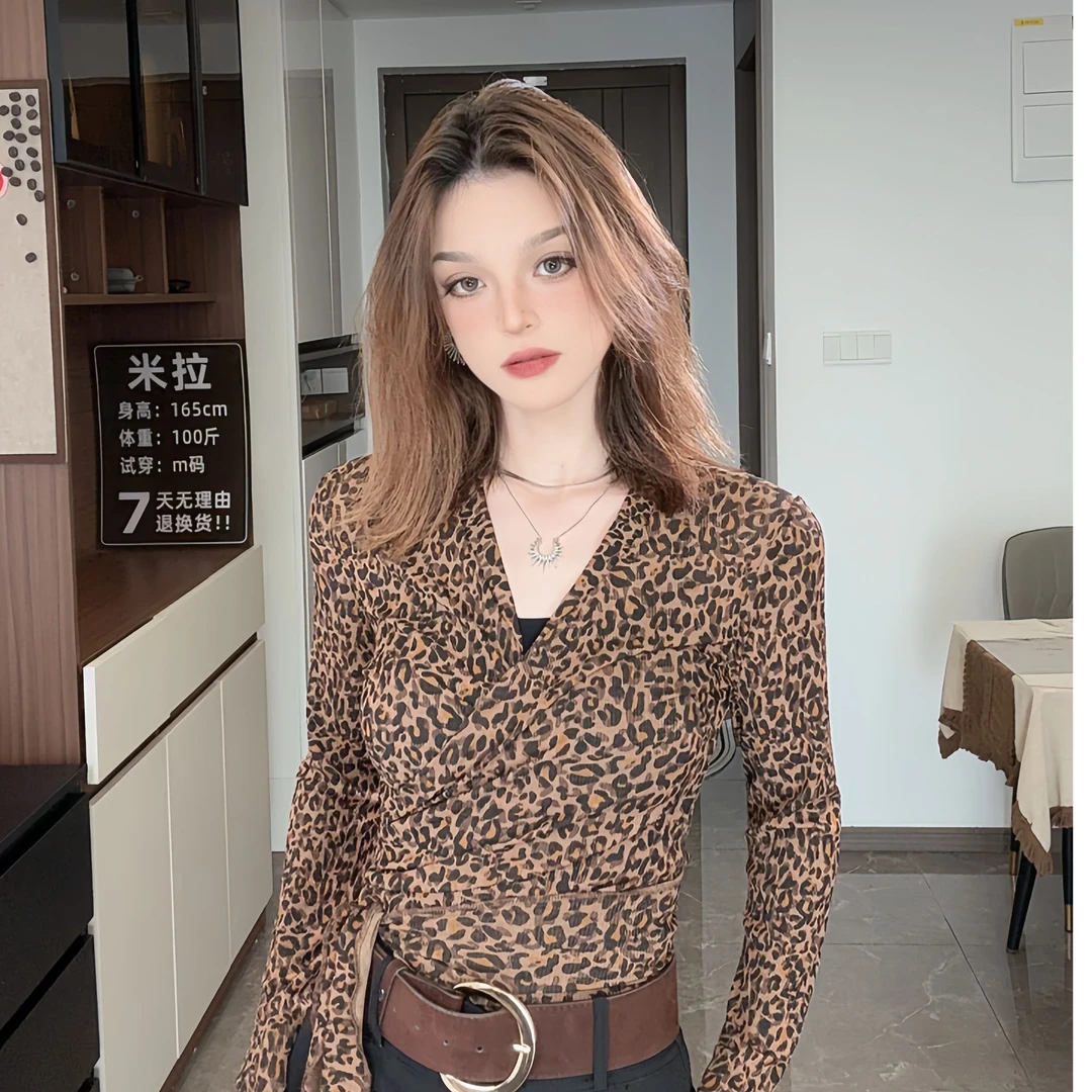 美式辣妹豹纹V领长袖打底衫纯欲风气质绑带收腰修身内搭上衣