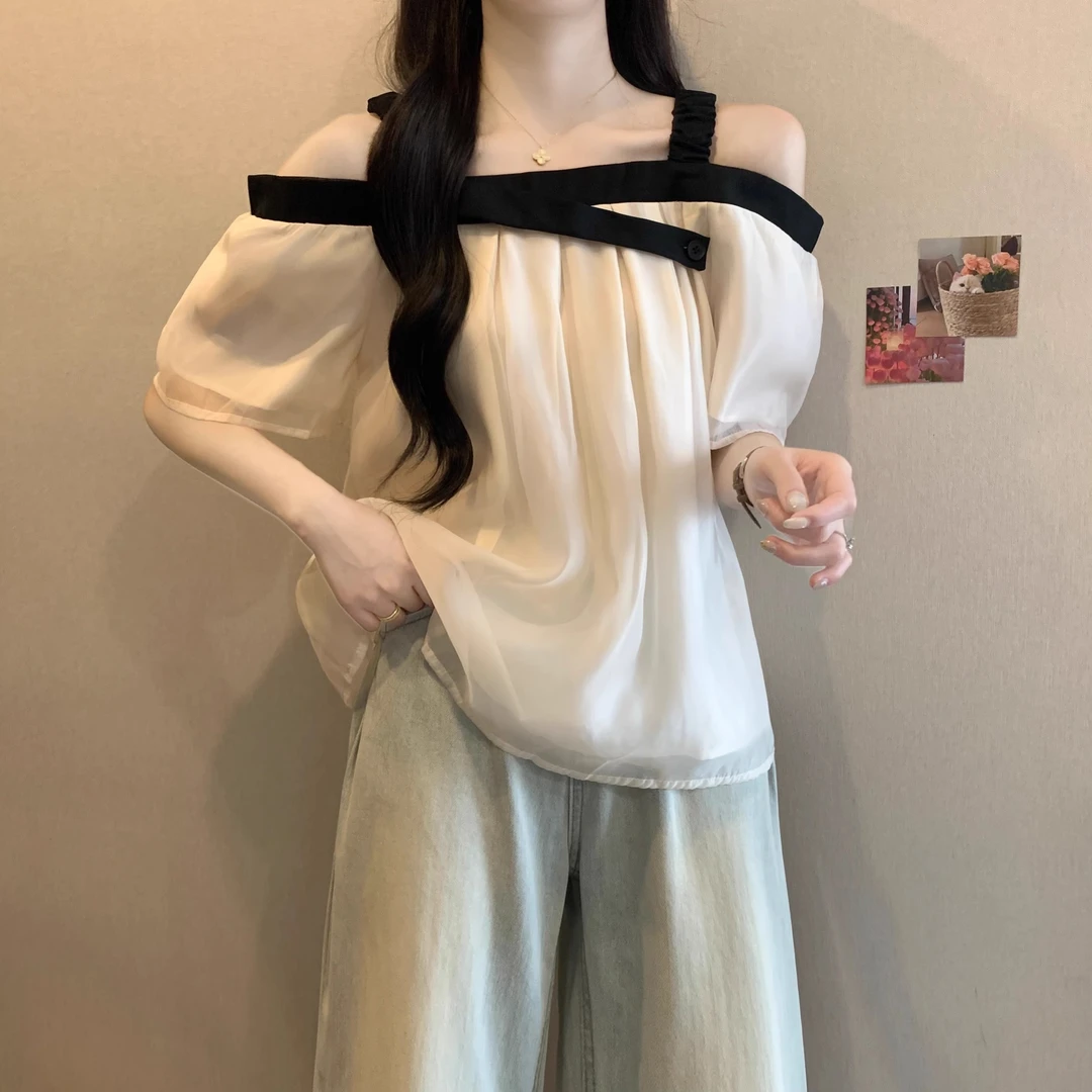 大码遮肚子撞色吊带露肩短袖雪纺衫女夏季胖妹妹宽松显瘦别致上衣